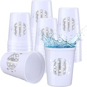 Uiifan 30 Pcs 16 oz Disco Party Cups Reusable Plastic Disco Ball Party Favor Cups for Bachelorette Cowgirl Birthday Wedding Bridal Shower 70s 80s 90s Supplies(White)