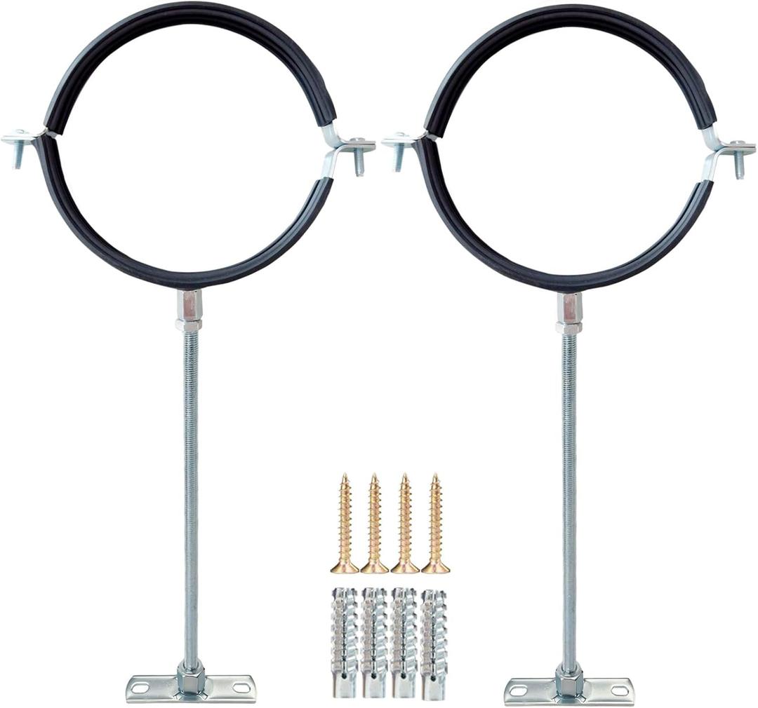 2 Sets Premium Adjustable Pipe Hanger StrapHeavy Duty Galvanized Iron Stove Pipe Metal BracketWall Support Chimney Round Split Ring Dryer Vent Hose Duct PVC Holderwith All Mounting Screws (4-Inch)