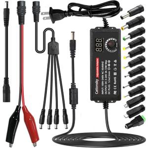 Universal Power Supply 3V~24V 3A 72W Adjustable Variable 3V 5V 9V 12V 18V 20V 24V AC/DC Adapter Charger, 100V-240V AC to DC Converter with 15 Tips, Polarity Converter and 4-Way Power Splitter Cable