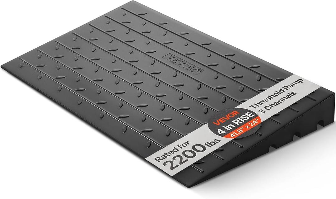 VEVOR 4" Rise Rubber Threshold Ramp, 3 Channels Cord Cover Door Ramp, No-Slip Surface, 2200 Lbs Load Capacity Rubber Ramp for for Home Doorways Driveways Curb Home Steps, 41.8" L x 24" W x 4" H, 65lbs