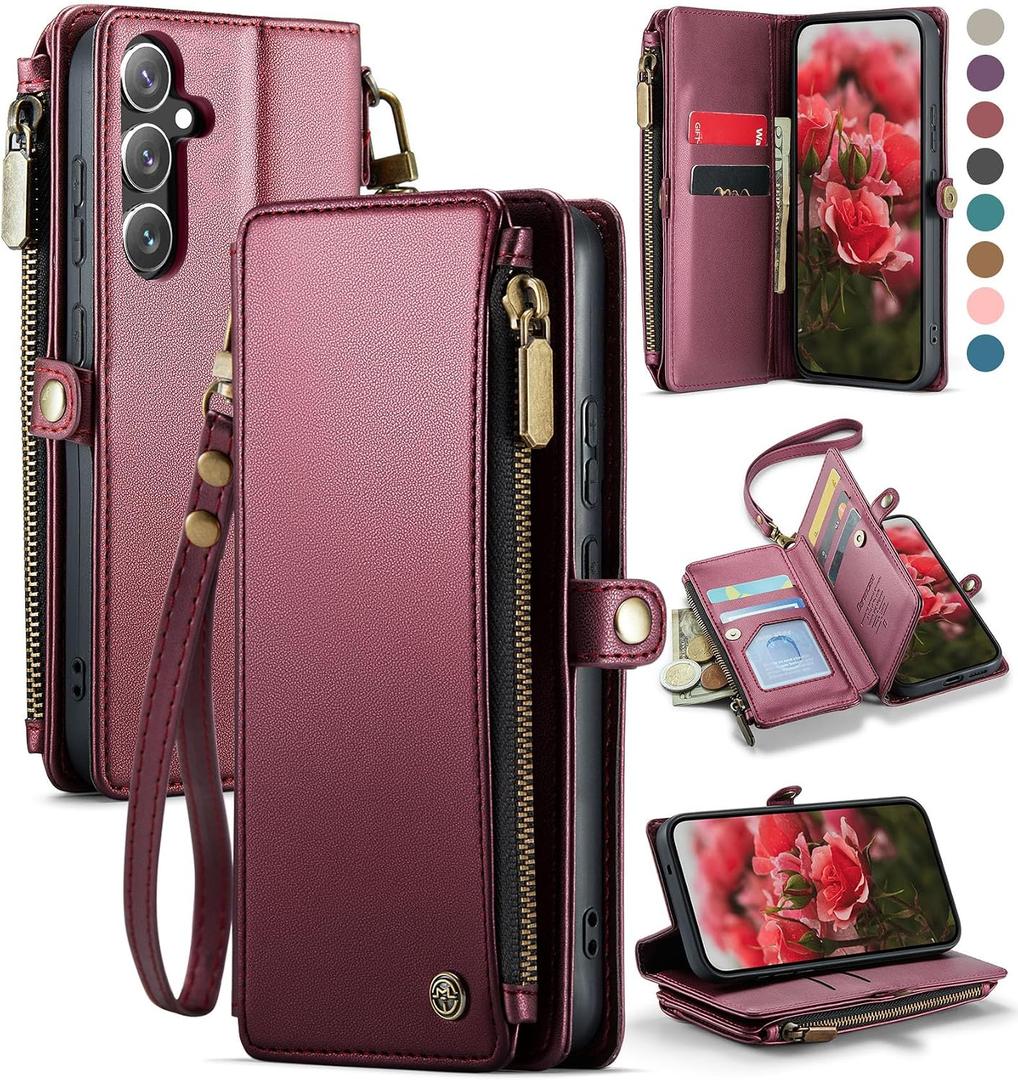Defencase for Galaxy S25 Case Wallet with RFID Blocking Card Holder for Women Men, Elegant PU Leather Magnetic Snap Flip Wrist Strap Zipper Wallet Phone Cases for Samsung Galaxy S25 5G 6.2", Wine Red