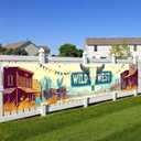 Wild West Banner 118x20 Inch Western Cowboy Backdrop with Bull Skull Sign Cartoon Town Design for Country Party Decorations Bar Saloon Ranch Wall Decor for Outdoor Event (Desert Tones)