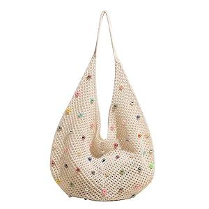 Boho Crochet Beach Tote Shoulder Bag with Colored Beads | Colorful Aesthetic Hippie Knit Bag for Women
