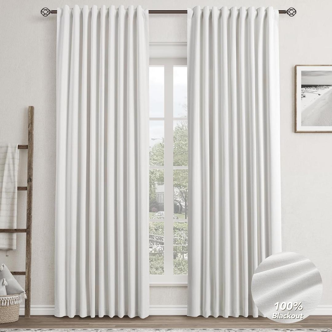 Ivory Linen Blackout Curtains for Bedroom 90 Inch Length 2 Panels Set Back Tab Pocket Neutral Farmhouse Living Room Darkening Curtains Track System Thermal Insulated Black Out Drapes 52x90