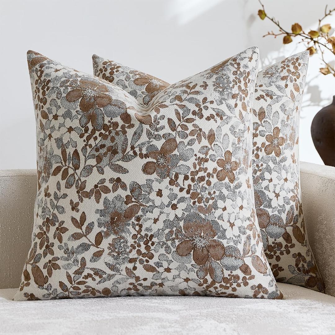 Vintage Floral Throw Pillow Covers 18x18 Pack of 2 Country Farmhouse Accents Chenille Jacquad Decorative Square Pillow Cases for Living Room Couch Bed Home Decor, Camel Khaki Tan