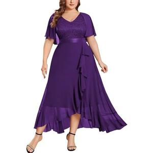 Miusol Women's Plus Size Floral Lace Cape Sleeves V Neck Ruffle Trim Formal Party Maxi Dress,Purple, 0XL