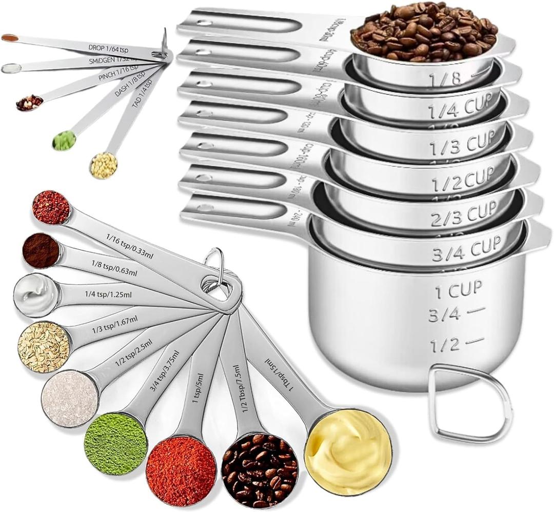 21PCS Measuring Cups and Spoons Set, Include 7 Nesting Measuring Cups, 9 Measuring Spoons and 5 Mini Spoons, Stainless Steel Metal Measuring Set, Kitchen Gadgets for Cooking & Baking (Silver)