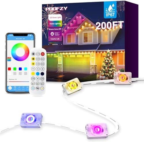 POOFZY Permanent Outdoor Lights for House,200ft RGB+IC Smart Outdoor Decor, 50 Scene Modes,App/Remote Control,for Christmas,Super Bowl,V-Day,Thanksgiving,Daily & Holiday Party Decor