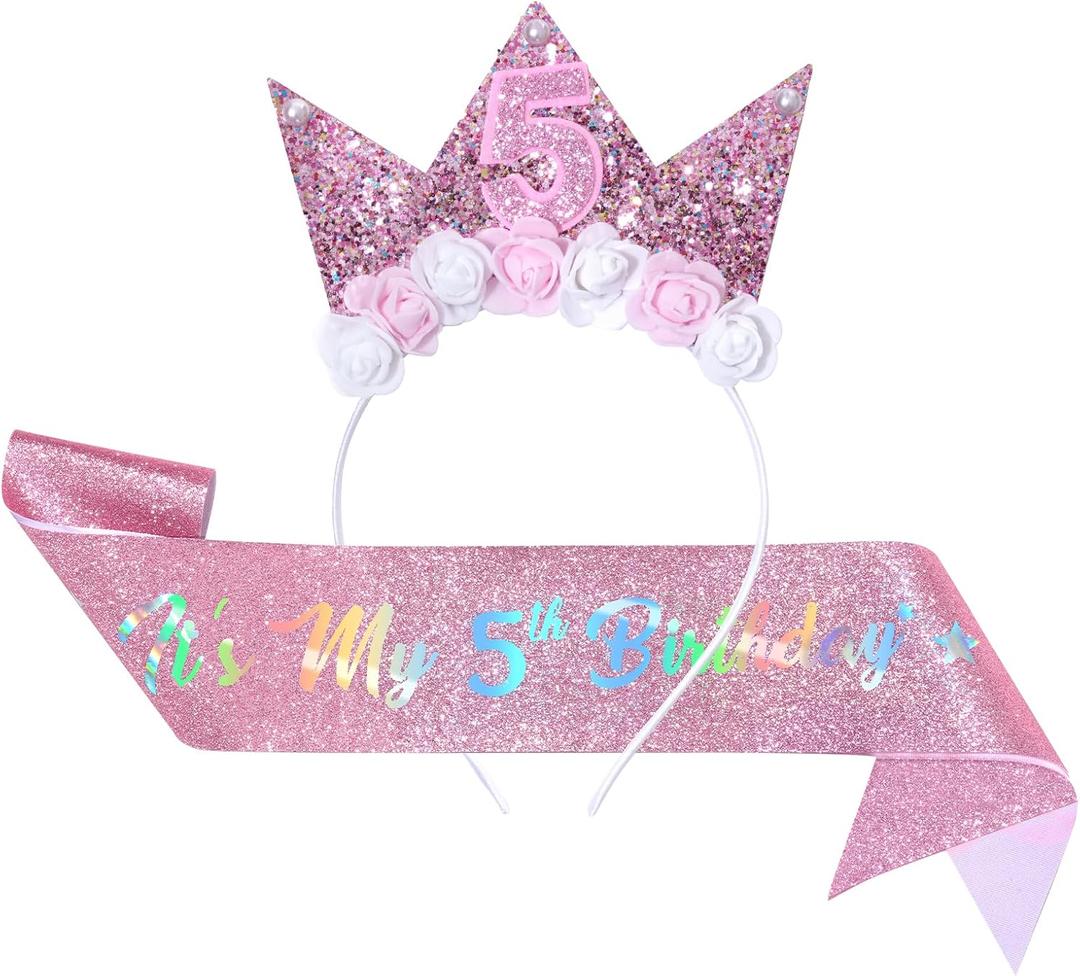 baotongle 5th Birthday Decorations for Girls Birthday Girl Headband Glitter Sash Set for 5 Year Old Girl Flower Princess Crown Headband for Happy Outfit