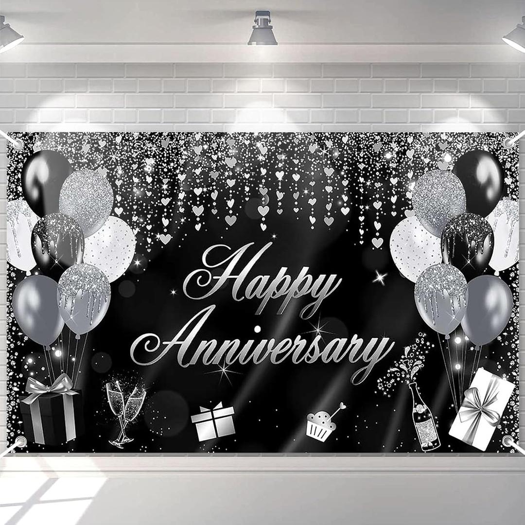 Avezano Happy Anniversary Banner Glitter Happy Anniversary Decorations for Wedding Bridal Shower Party Decorations 70.8 x 43.3 Inch (Black and Silver)
