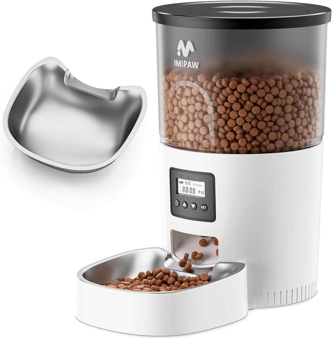 IMIPAW Automatic Cat Feeder, 3L Timed Pet Dry Food Dispenser with Clog-Free Design, Auto Feeder for Cats, 1-6 Meals Per Day, Desiccant Bags, with Stainless Steel (White Black)