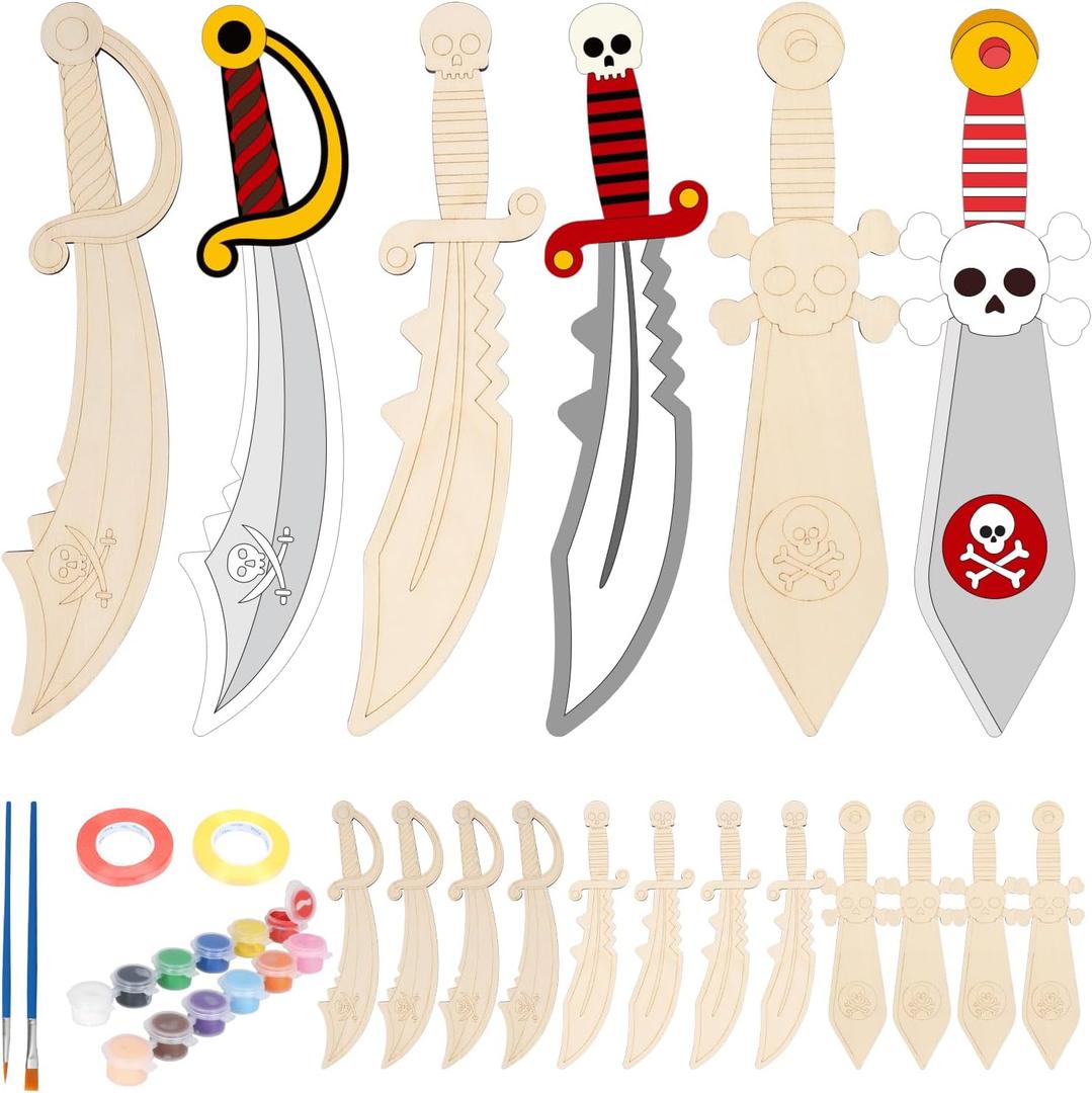 Fennoral 12 Pack Pirates Craft for Kids Make You Own Pirates Wooden Swords Arts and Crafts for Girls Boys DIY Coloring Pirates Theme Craft for Halloween Art Activity Cosplay Supplies Birthday Gifts