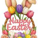 Yinkin Happy Easter Door Decoration Easter Wreaths for Front Door Bunny Floral Bucket Hanging Sign Welcome Wood Sign Wall Hanging Eggs Plaque Decoration for Shop Garden Home Party Supplies(Bunny Ear)