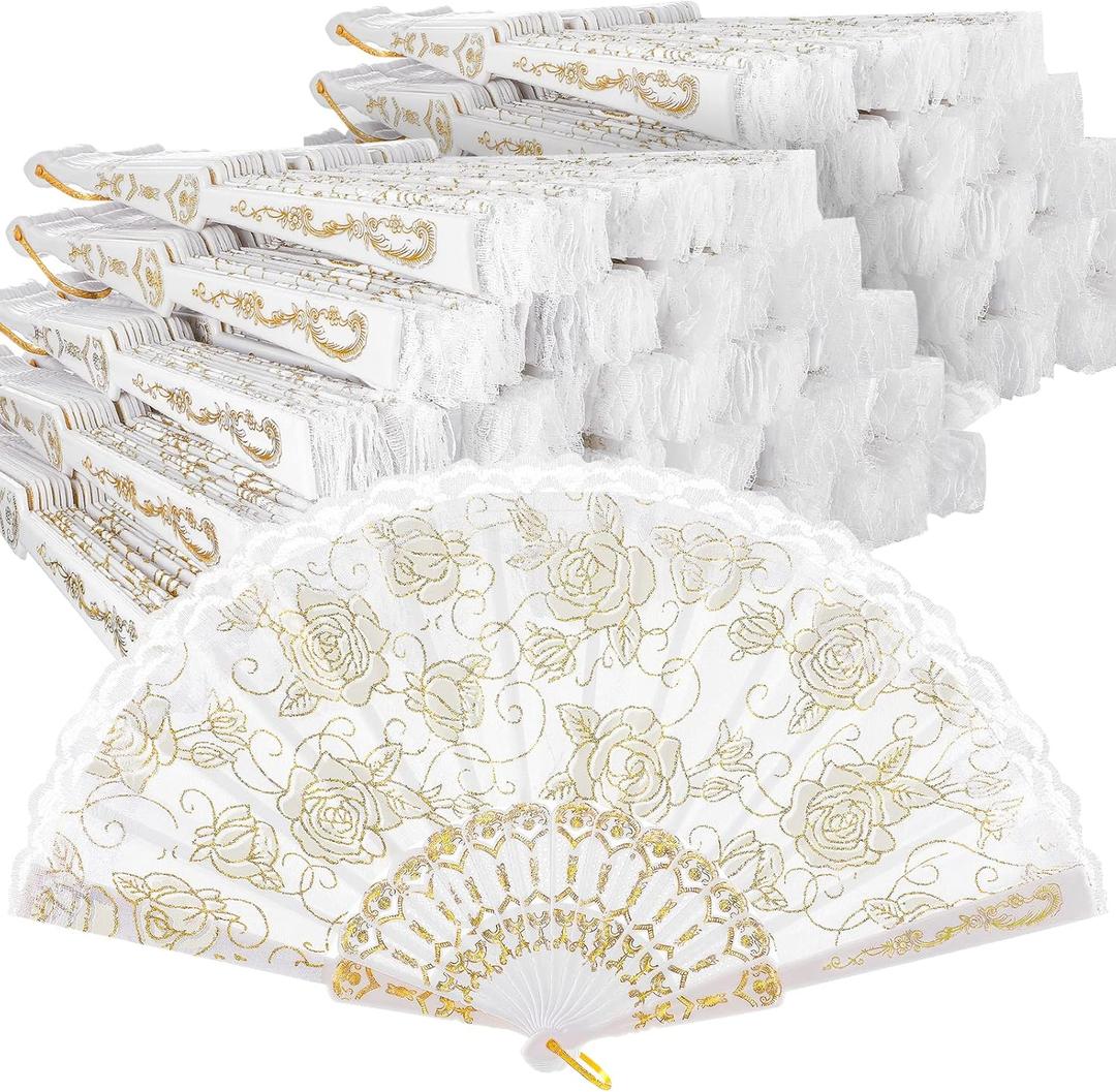 Maitys 70 Pcs Lace Floral Hand Fans Retro Elegant Chinese Folding Fan White Vintage Bridal Handheld Dancing Fan Props for Wedding Party Church Ladies Girls Favors (Gold)
