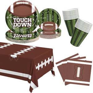 Football Paper Plates and Napkins and Cups Set 101 Count, Heavy Duty 10'' and 7'' Disposable Plates, Paper Cups and Tablecloth, Super Bowl Party Table Decorations Supplies, Serve 25