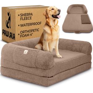 2 in 1 Human Dog Bed for Adult Foldable Waterproof, Orthopedic Foam, Machine Washable Sherpa Cover, Non-Slip Base - Human Size Dog Bed (Almond Brown, 72x44x11)
