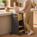 COSYLAND Toddler Standing Tower Adjustable Height | Super Stable Toddler Kitchen Stool Helper - 3 Levels Adjustable Wooden Kids Kitchen Stool (Natural & Black)