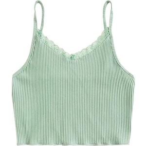 Verdusa Women's Contrast Lace Spaghetti Strap Ribbed Knit Cami Crop Tops, medium