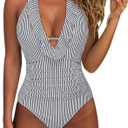 SUUKSESS Women Sexy Halter One Piece Swimsuits Ruffle Tummy Control Bathing Suit (#1 White Black Striped)