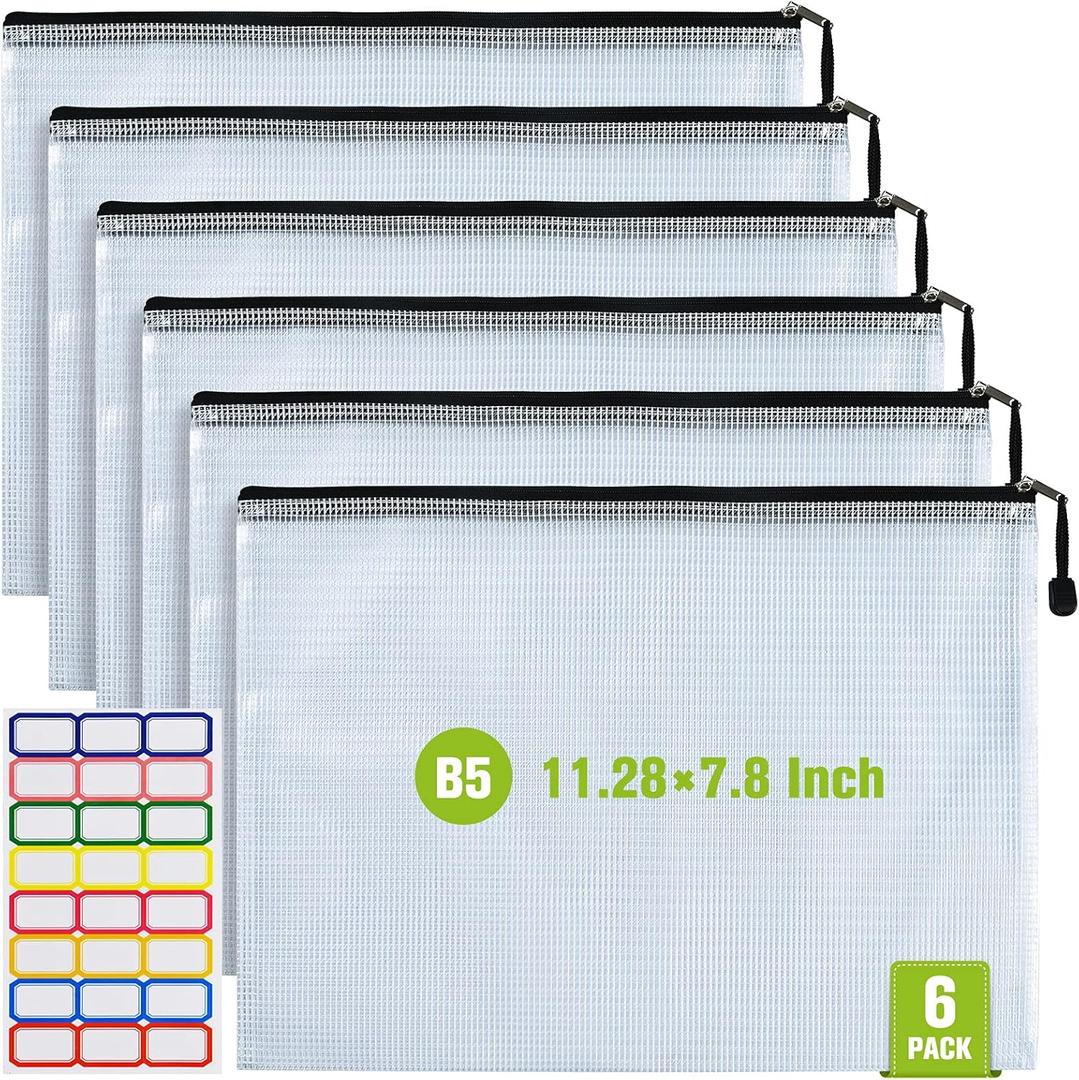 Mesh Zipper Pouch, 6PCS Waterproof Plastic Mesh ZipperBag, B5 Size Tear-Resistant Document Pouch, Extra Large Zip File Bags, for School Office Supplies Home Travel Storage(11.26×7.9 Inch)