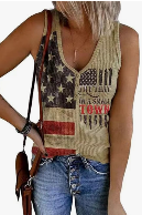 Womens American Flag Button V-Neck Tank Coloful Printed Sleeveless Patriotic Shirts Summer Tops XL