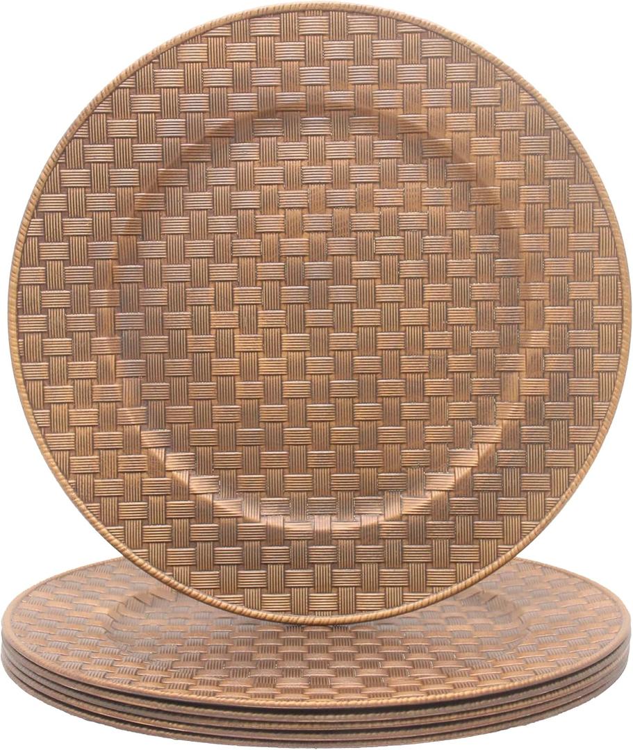 Antique Gold Charger Plates with Basketweave Texture, Set of 6, Faux Woven Plastic Service Plates for Rustic Wedding & Farmhouse Table Decor, 13 Inch (634)