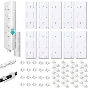 LOVUFIR Adhesive Punch-Free Socket Holder, 10Pcs Power Strip Holder and 40Pcs Cable Clips Kit, White, Self-Adhesive, Cord Management