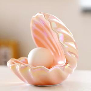 LED Ceramic Shell Pearl Light, Portable Ocean-Inspired Night Light Tabletop Light, Streamer Fairy Shell Night Lamp for Bedside Living Room Home Decoration (Pink)