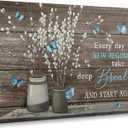 Farmhouse Bathroom Canvas Wall Art Vintage Rustic Country Flower Blue Butterfly Painting Picture Wall Decor Every day is a new beginning Poster Print Artwork for Living Room Bathroom Home Decoration