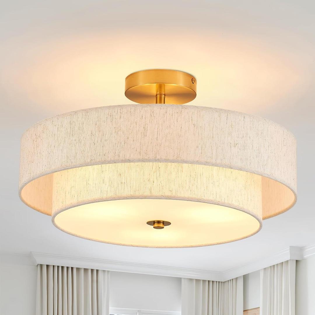 Modern Semi Flush Mount Ceiling Light 18" Modern Gold 3-Lights Drum Ceiling Lighting Fixture Vintage Linen Golden Ceiling Lamp for Laundry Room, Kitchen, Basement, Dining Room, Bedroom (2-Tier Gold)