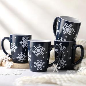Bokon 4 Pcs Snowflake Ceramic Mug Gifts Set 12 oz Winter Snow Coffee Mugs Dark Blue Mug with Handle for Winter Christmas Drinks Coffee Tea Home Office Party Gifts