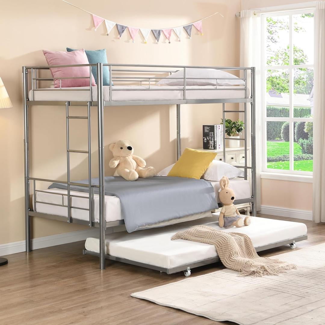 YOPTO Twin Size Metal Bunk Bed with Trundle, Modern Bedroom Bedframe w/Stairs, Durability & Stability, Easy Assembly, No Box Spring Needed, for Kids Teens Boys Girls, Silver