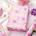 2 x Yarcony Girl Birthday Wrapping Paper, Pink and Gold Wrapping Paper, Gold Foil Girly Happy Birthday Lettering Design Pink Gift Wrap for Girls Women, Baby Shower, Party (Mini Roll, 17 Inch X 16.5 Feet)