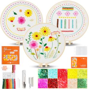 HTVRONT Sparkling Bead Embroidery Kit for Beginners- 3 Sets Flower Embroidery Kits with Step by Step Stitch Video & Instructions, Starter Embroidery with 12 Stitches for Christmas Gifts for Woman