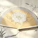 Small Handheld Silk Folding Fan with Bamboo Frames 8.66"(22cm) Chinese/Japanese Style Hand Fan for Dancing Cosplay Wedding Party Props Decoration,Birthday Gift (White Peony)