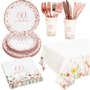 Crisky 60th Birthday Plates and Napkins 60 Fabulous Disposable Paper Tableware Set of 24 for Women 60th Birhday Decorations (Plates, Napkins, Cups, Tablecloth, Knife & Fork)