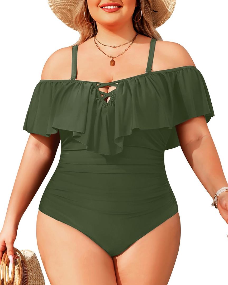 Daci Women Plus Size One Piece Swimsuits Tummy Control Ruffle Off Shoulder Bathing Suits (Green, M)
