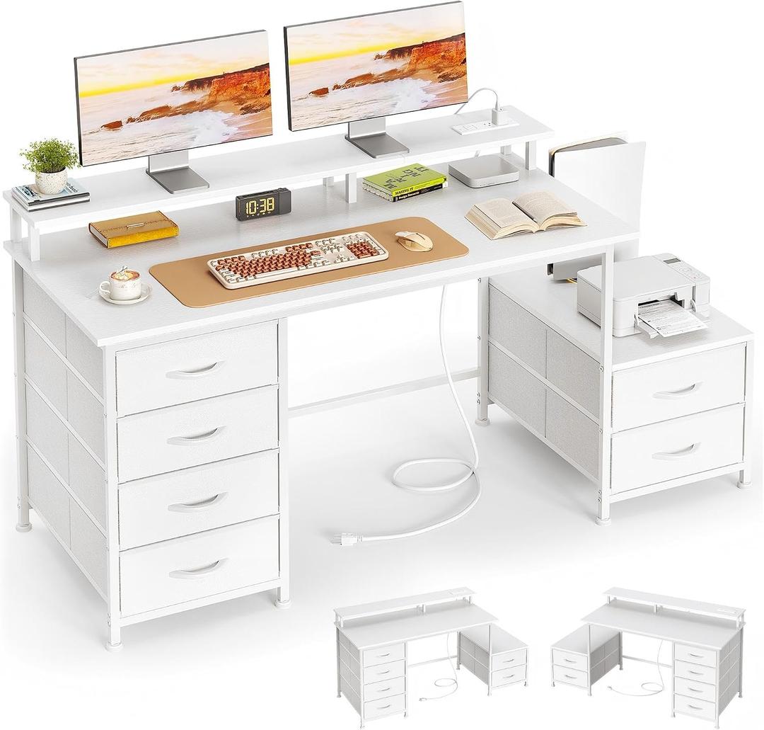39" Desk with Fabric File Cabinet, Computer Desk with Shelves and Drawers, Writing Table with Monitor Stand, Study Table Workstation for Home Office, White