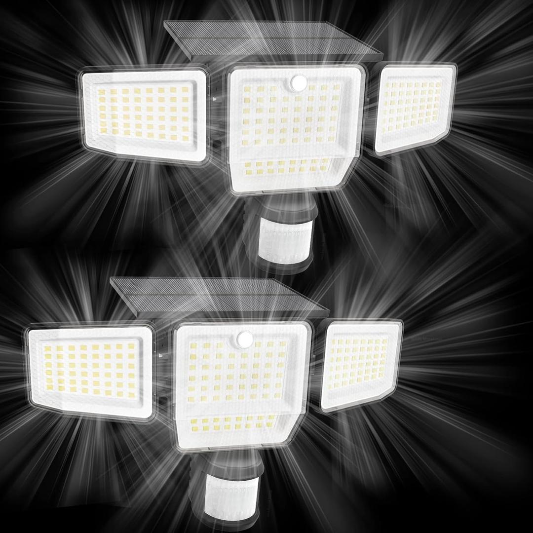 6000LM Solar Lights Outdoor, 4 Heads Motion Sensor Outdoor Lights, Solar Flood Lights for Yard House Outside Garage, IP65 Waterproof, 3 Modes, Easy Install, 2 Pack
