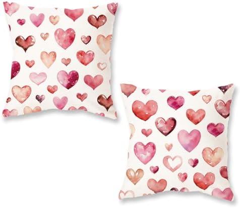 ONWAY Valentine's Day Throw Pillow Covers 18x18 Set of 2 Pink Heart Decorative Cushion Cases for Couch Sofa Bed Romantic Holiday Home Decor