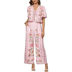 WDIRARA Women's Boho Floral 2 Piece Palazzo Pants Set Short Sleeve Blouse (Pink, M)