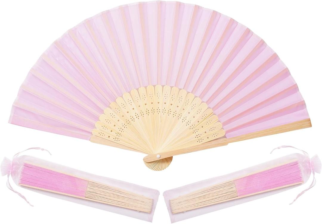 50 Pcs Pink Imitated Silk Fabric Bamboo Folded Hand Fan Bridal Dancing Props Church Wedding Party Favors with Organza Bags