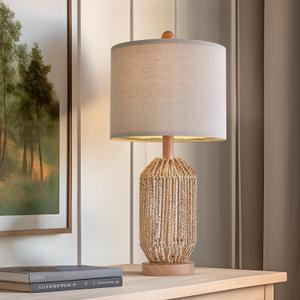 OYEARS 21" Boho Table Lamp for Living Room, Bedside Lamp for Nightstands, Rattan Lamp for Bedroom, Farmhouse Table Lamp for Room Decor, End Table, Retro, Brown, 1 Pack