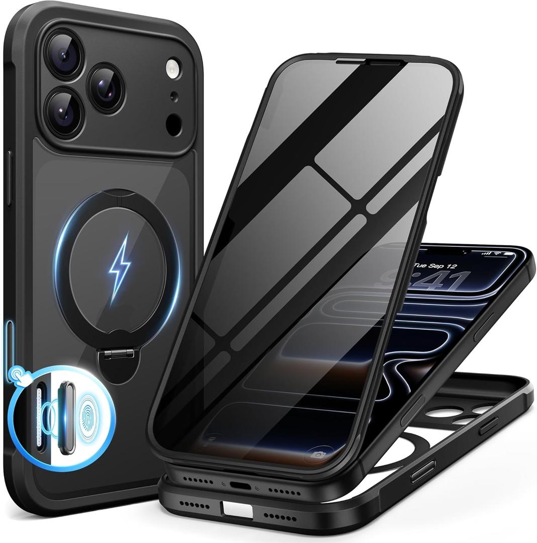 BERFY for iPhone 17 Pro Case, Compatible with MagSafe, Built in Privacy Screen Protector, Shockproof Full Body Phone Case for 17 Pro with Magnetic Stand, Clear Black