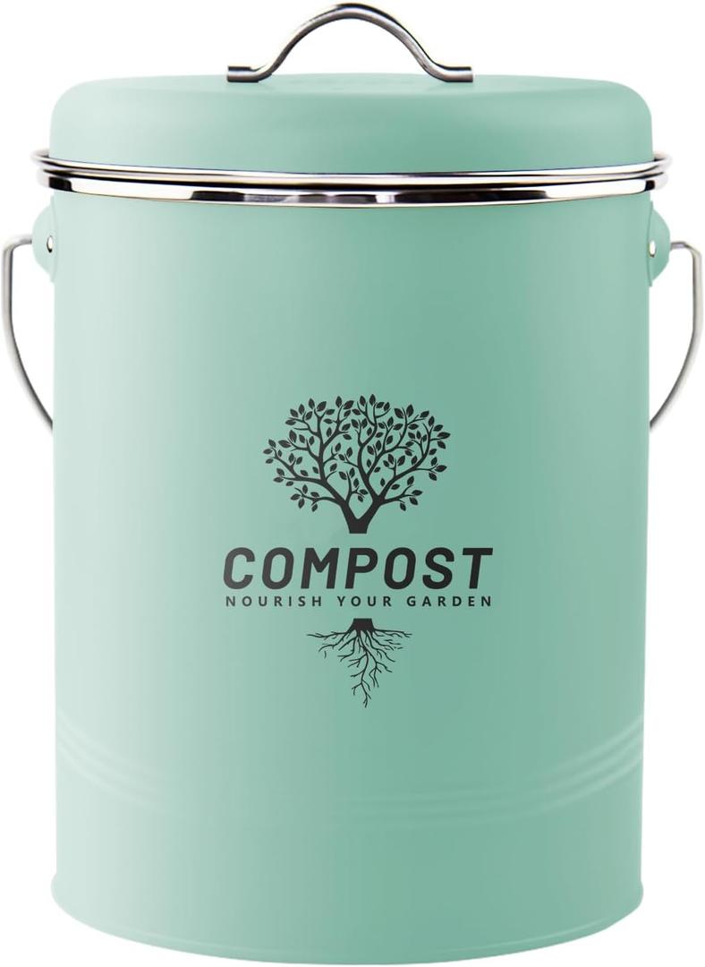 Kitchen Countertop Compost Bin, Odor Resistant Indoor Compost Bin with Lid and Charcoal Filter, Rust Resistant Coated Compost Bucket, Compost Container, Mint, Medium