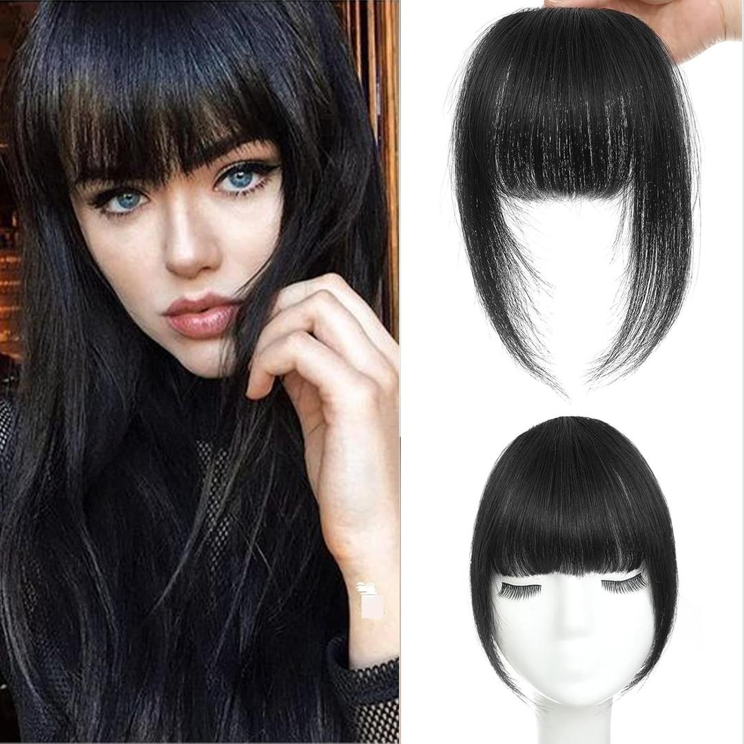MOCA HAIR Clip in Bangs 100% Real Human Hair Extensions French Natural Black Fake Bangs Hair Clip on bangs for women Fringe with Temples Hairpieces Faux Bangs for Daily Wear