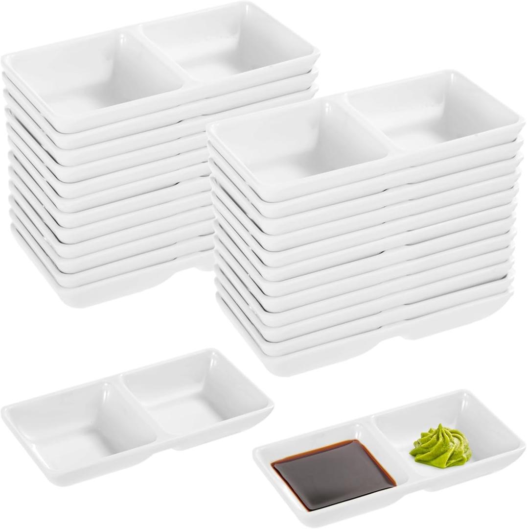 24 Pcs Sauce Dish Dual Dipping Bowls, Melamine Dual Sauce Dishes, 2-Compartment Sauce Trays, Divided Fondue Plates, Wasabi Dipping Plates for Party, Restaurant, Kitchen