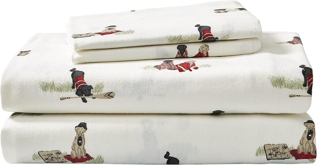 Eddie Bauer - Flannel Sheets Queen Size, Anti-Pilling & Wrinkle Resistant Cotton, Bed Sheets with Matching Pillowcases & Fitted Sheet (Retriever Adventure Ivory)