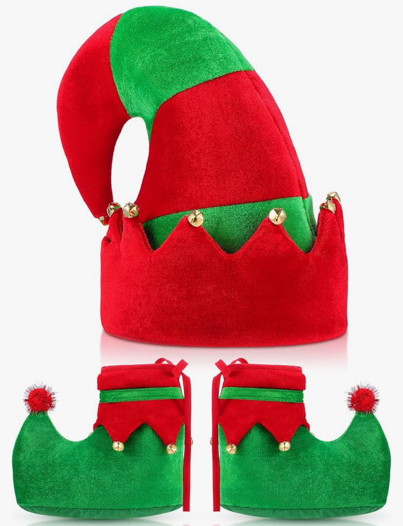 SATINIOR Christmas Santa Elf Shoes and Hat Christmas Red and Green Costume Accessory Set