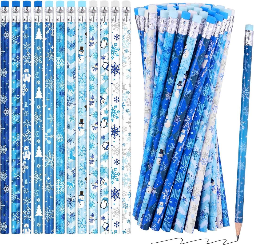 Winter Snowflake Pencils with Eraser Toppers Christmas Gifts Fun Holiday Pencils Bulk with Storage Box HB Pencils Frozen Party Favors for School Stationery Party Reward Supplies
